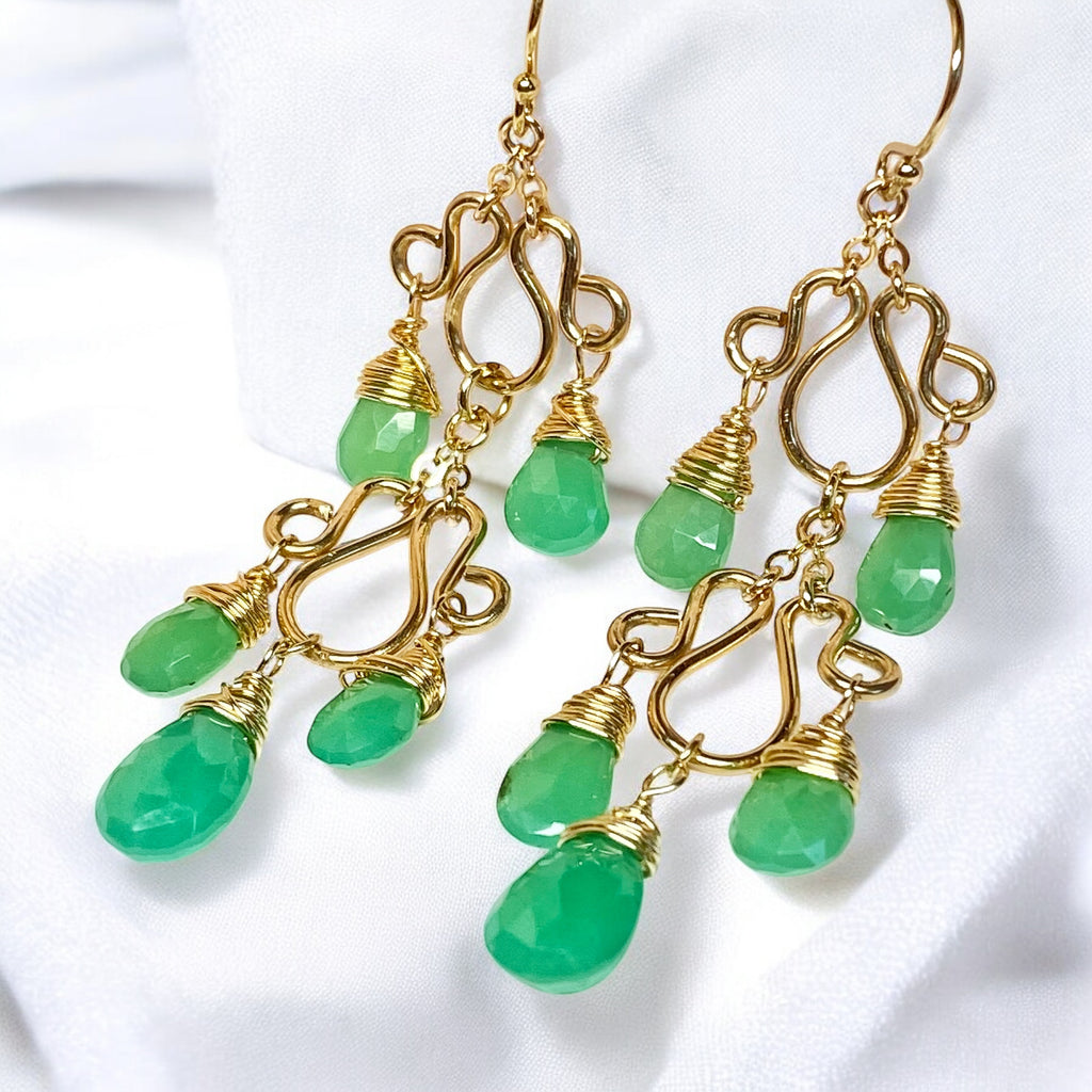 Green Chrysoprase Gemstone Long Gold Filled Chandelier Earrings