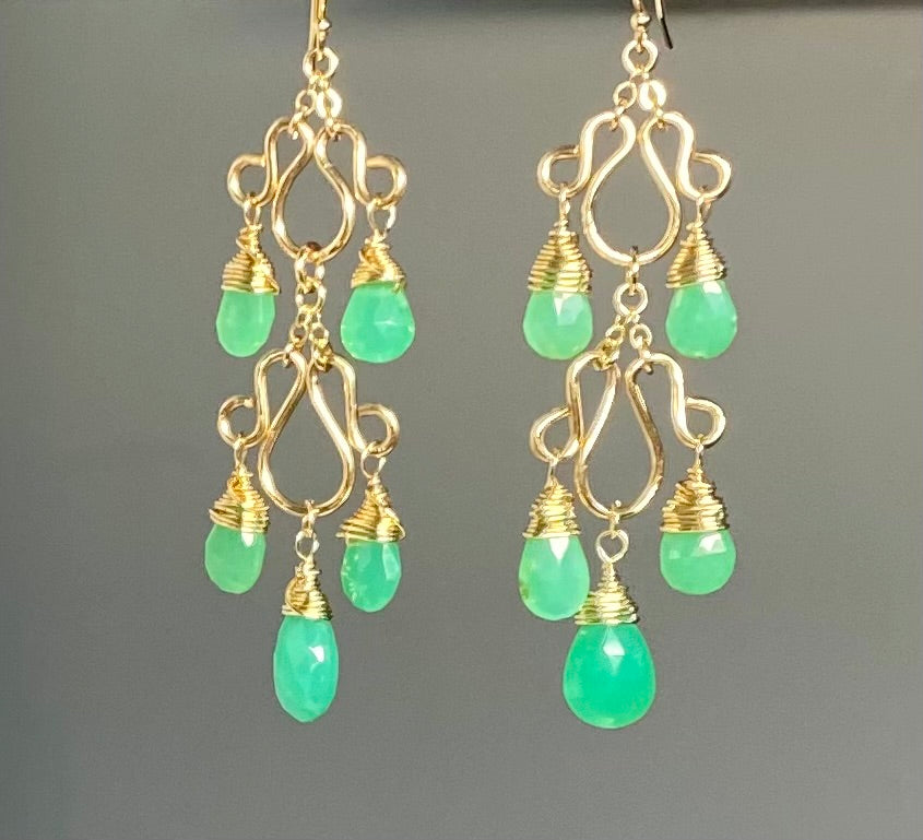 Green Chrysoprase Gemstone Long Gold Filled Chandelier Earrings