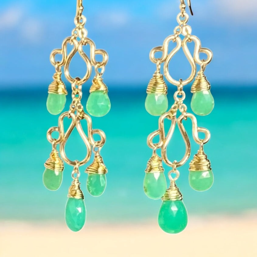 Green Chrysoprase Gemstone Long Gold Filled Chandelier Earrings