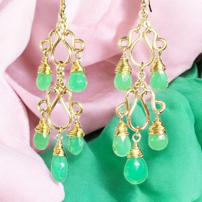 Green Chrysoprase Gemstone Long Gold Filled Chandelier Earrings
