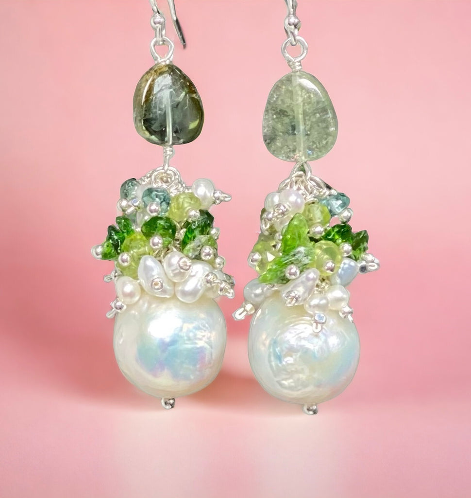 Baroque Edison Pearl and Green Gemstone and Tourmaline Cluster Earrings