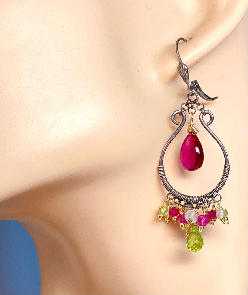 Pink Rubellite, Peridot, Mixed Metals Oxidized Silver Hoop Chandelier Earrings