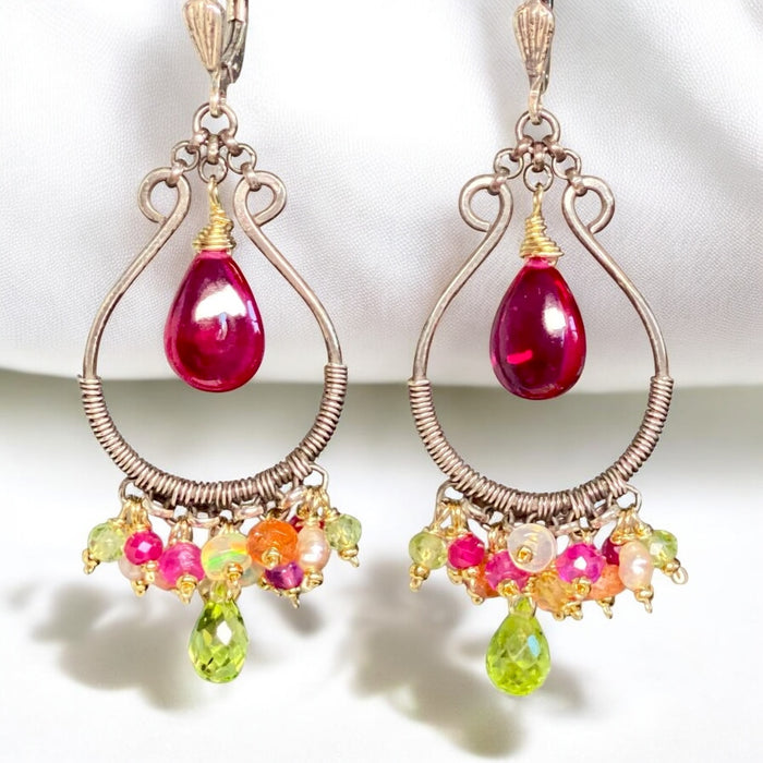 Pink Rubellite, Peridot, Mixed Metals Oxidized Silver Hoop Chandelier Earrings