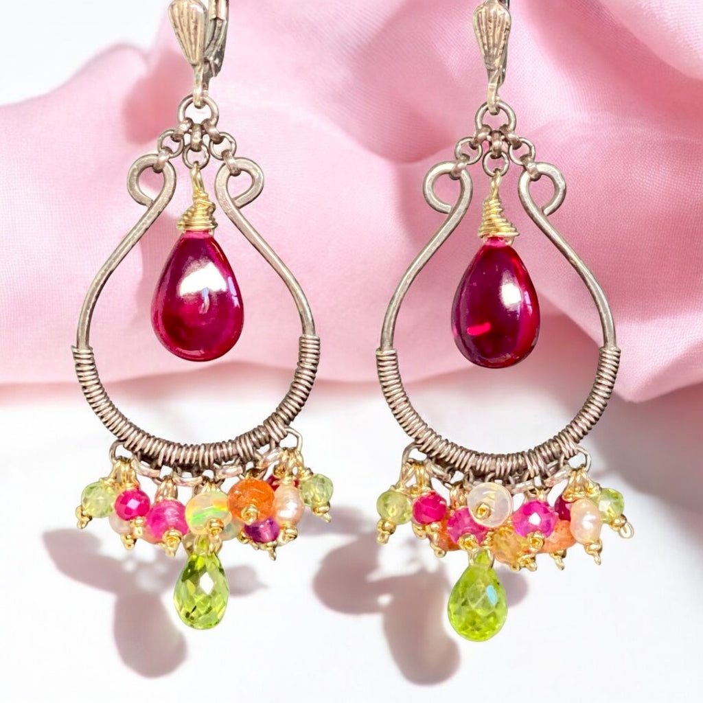 Pink Rubellite, Peridot, Mixed Metals Oxidized Silver Hoop Chandelier Earrings