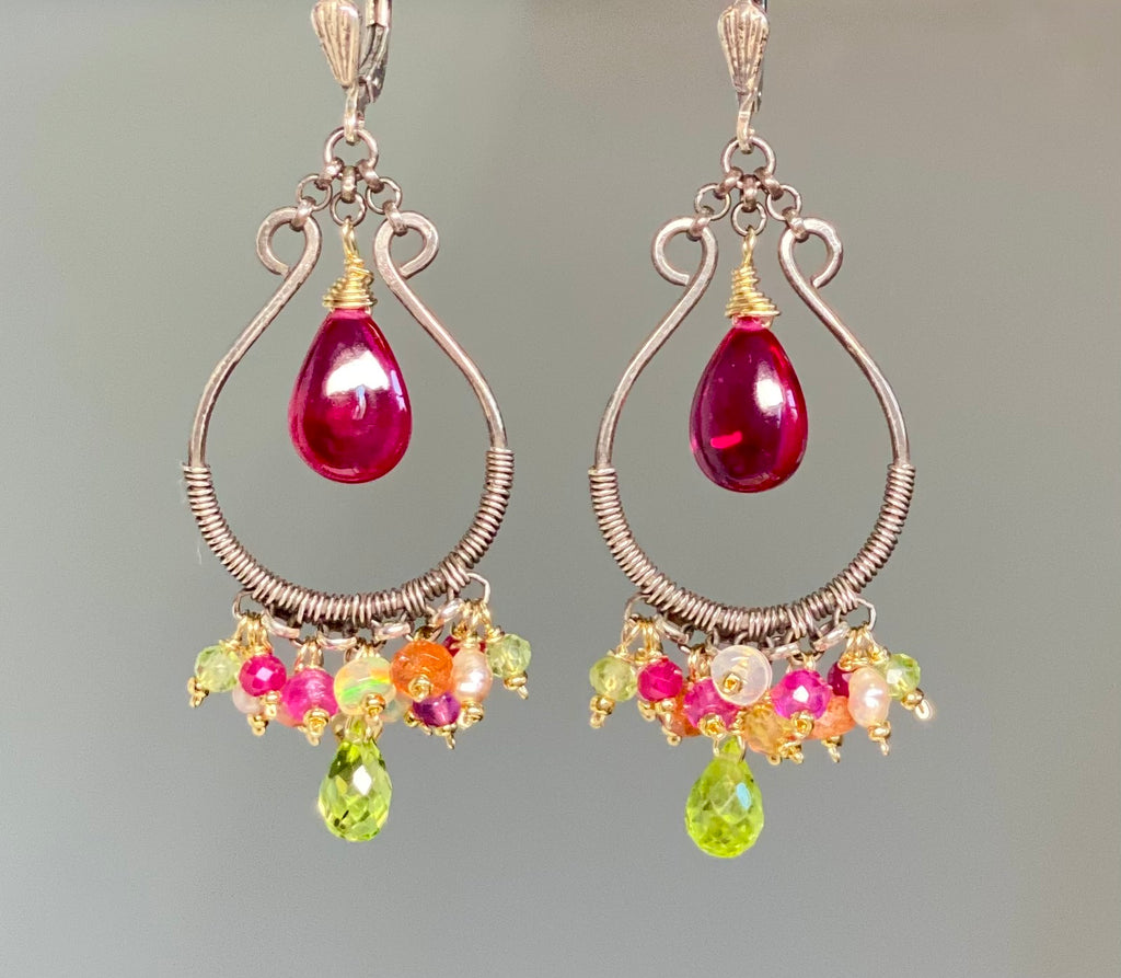 Pink Rubellite, Peridot, Mixed Metals Oxidized Silver Hoop Chandelier Earrings