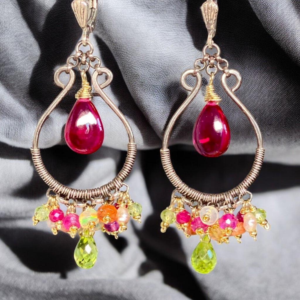 Pink Rubellite, Peridot, Mixed Metals Oxidized Silver Hoop Chandelier Earrings