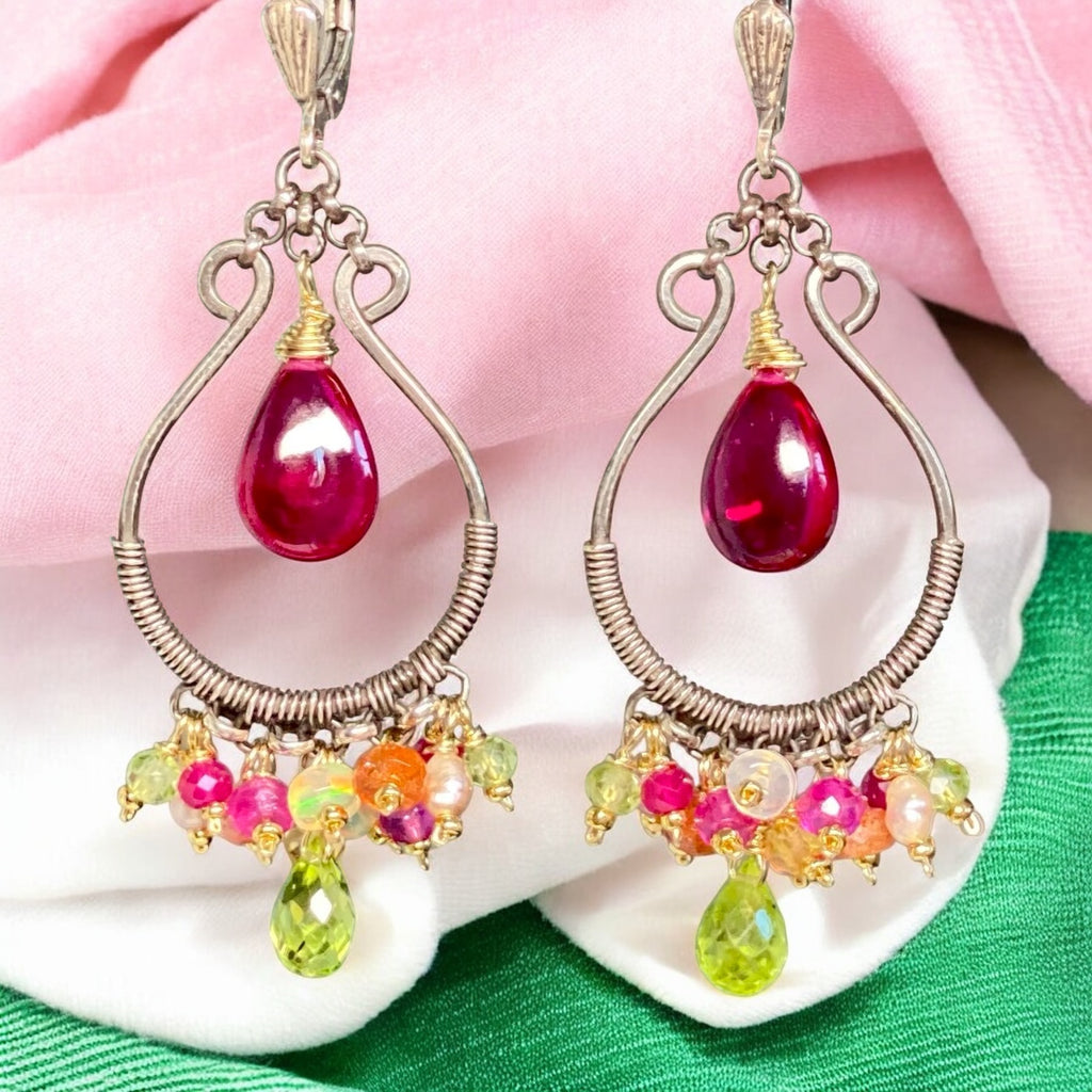 Pink Rubellite, Peridot, Mixed Metals Oxidized Silver Hoop Chandelier Earrings