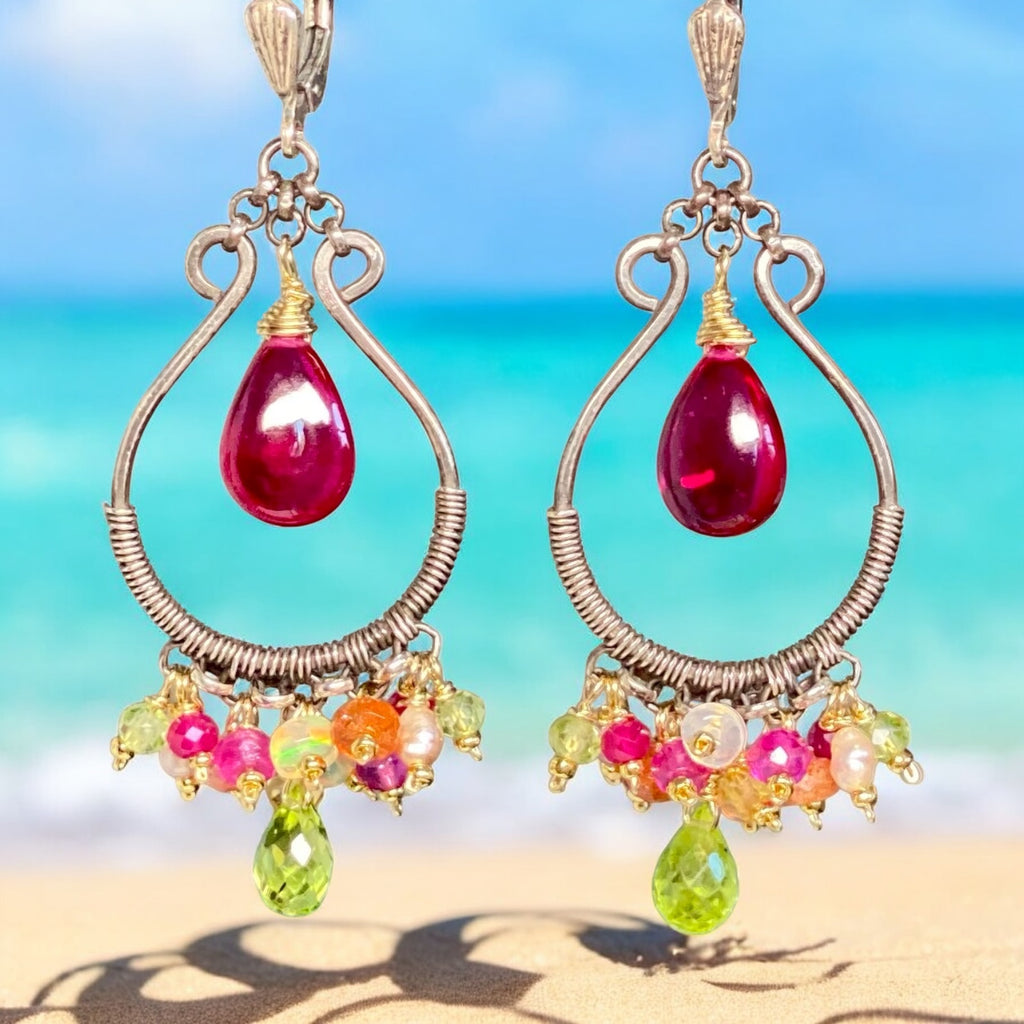 Pink Rubellite, Peridot, Mixed Metals Oxidized Silver Hoop Chandelier Earrings