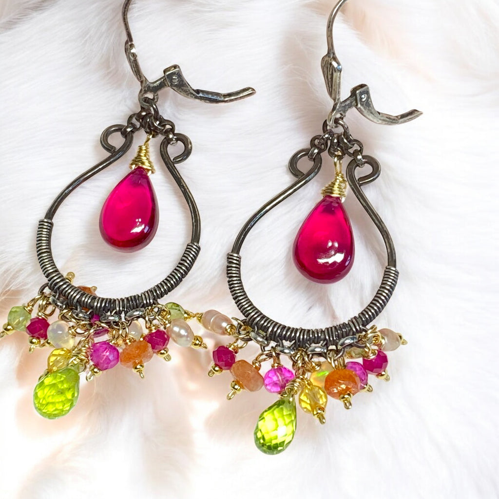 Pink Rubellite, Peridot, Mixed Metals Oxidized Silver Hoop Chandelier Earrings