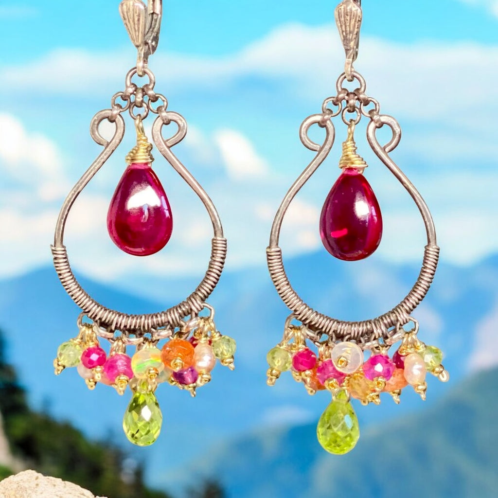 Pink Rubellite, Peridot, Mixed Metals Oxidized Silver Hoop Chandelier Earrings