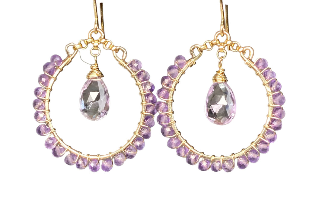 Lavender Pink Amethyst Chandelier Hoop Earrings, Gold Fill