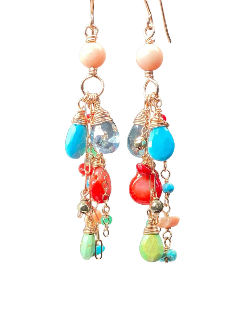 Turquoise Red Coral Rose Gold Long Boho Dangle Earrings