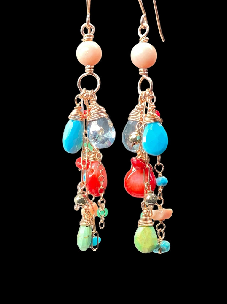Turquoise Red Coral Rose Gold Long Boho Dangle Earrings