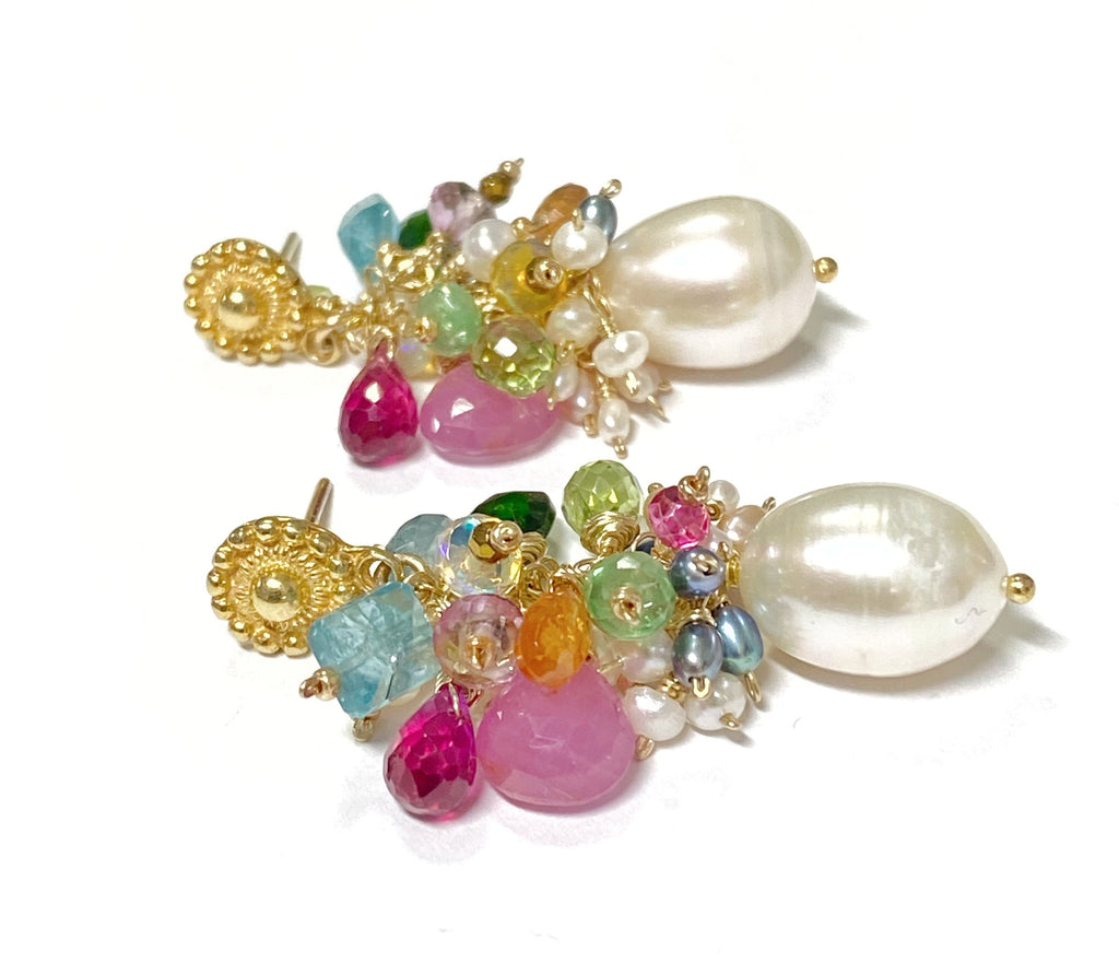 Colorful Gemstone Pearl Cluster Earrings Gold
