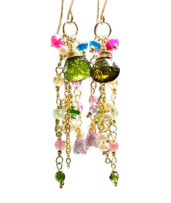 Green Tourmaline Gemstone Gold Fill Long Boho Dangle Earrings