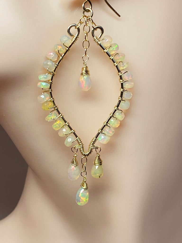 Ethiopian Opal  Hoop Chandelier Earrings, Gold Fill