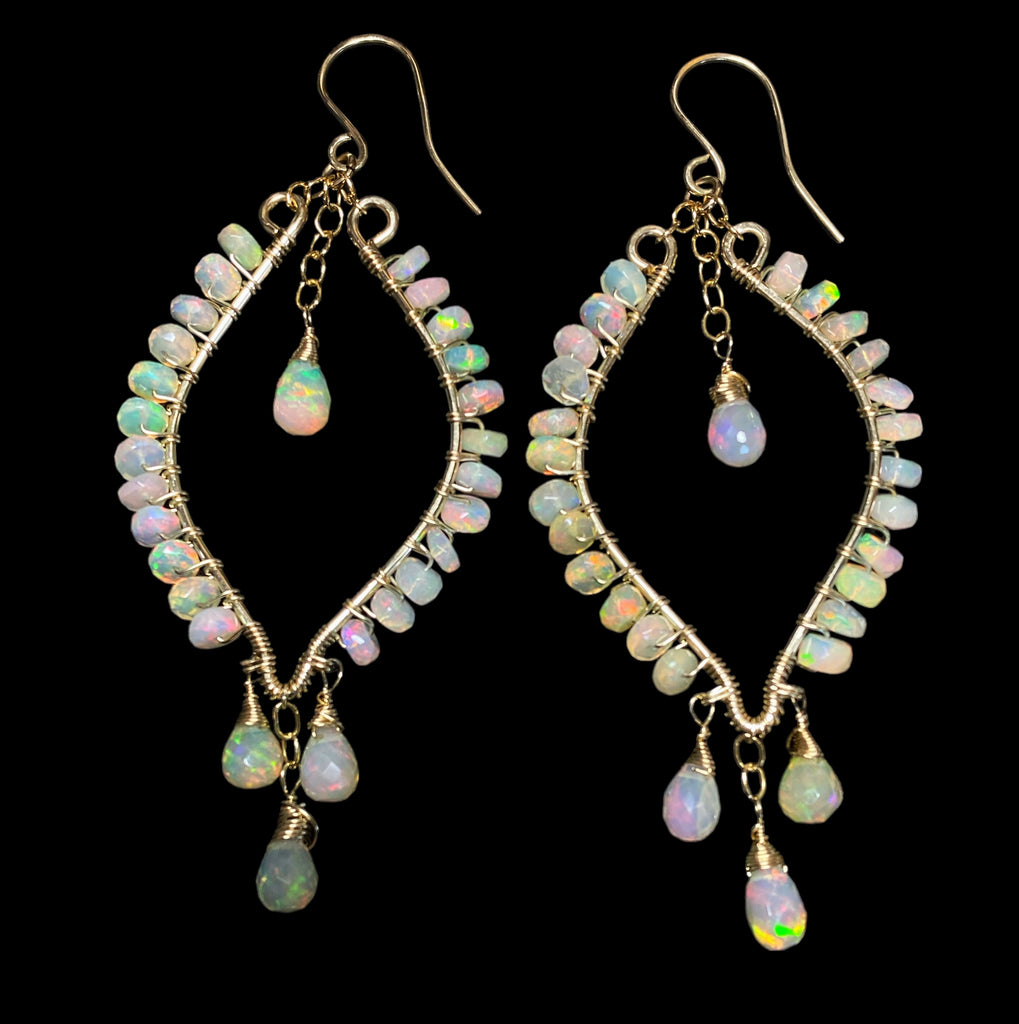 Ethiopian Opal  Hoop Chandelier Earrings, Gold Fill