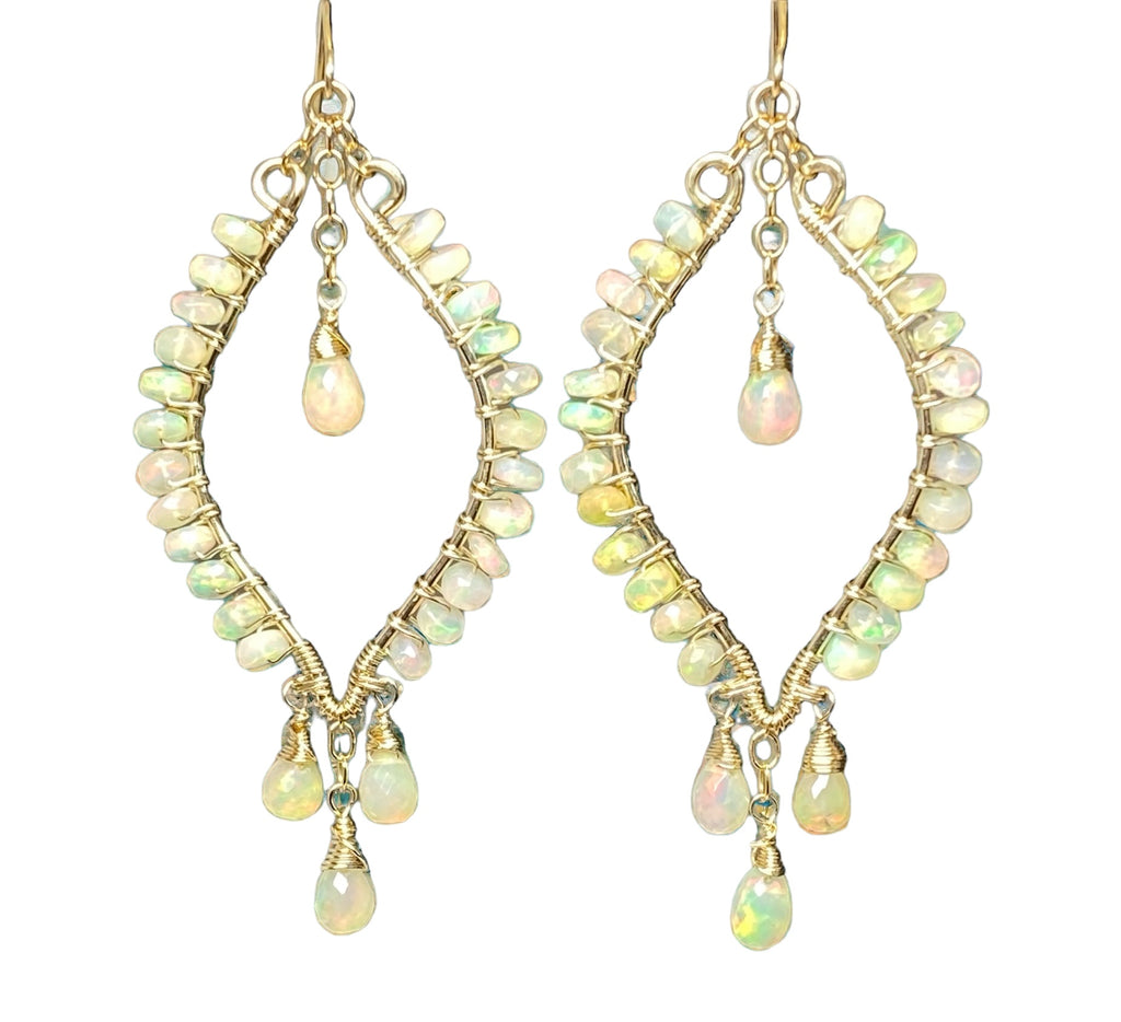 Ethiopian Opal  Hoop Chandelier Earrings, Gold Fill