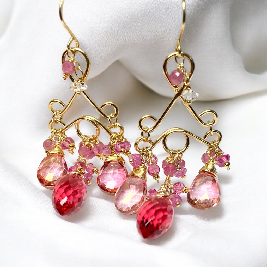 Pink Tourmaline Chandelier Earrings in Gold Fill
