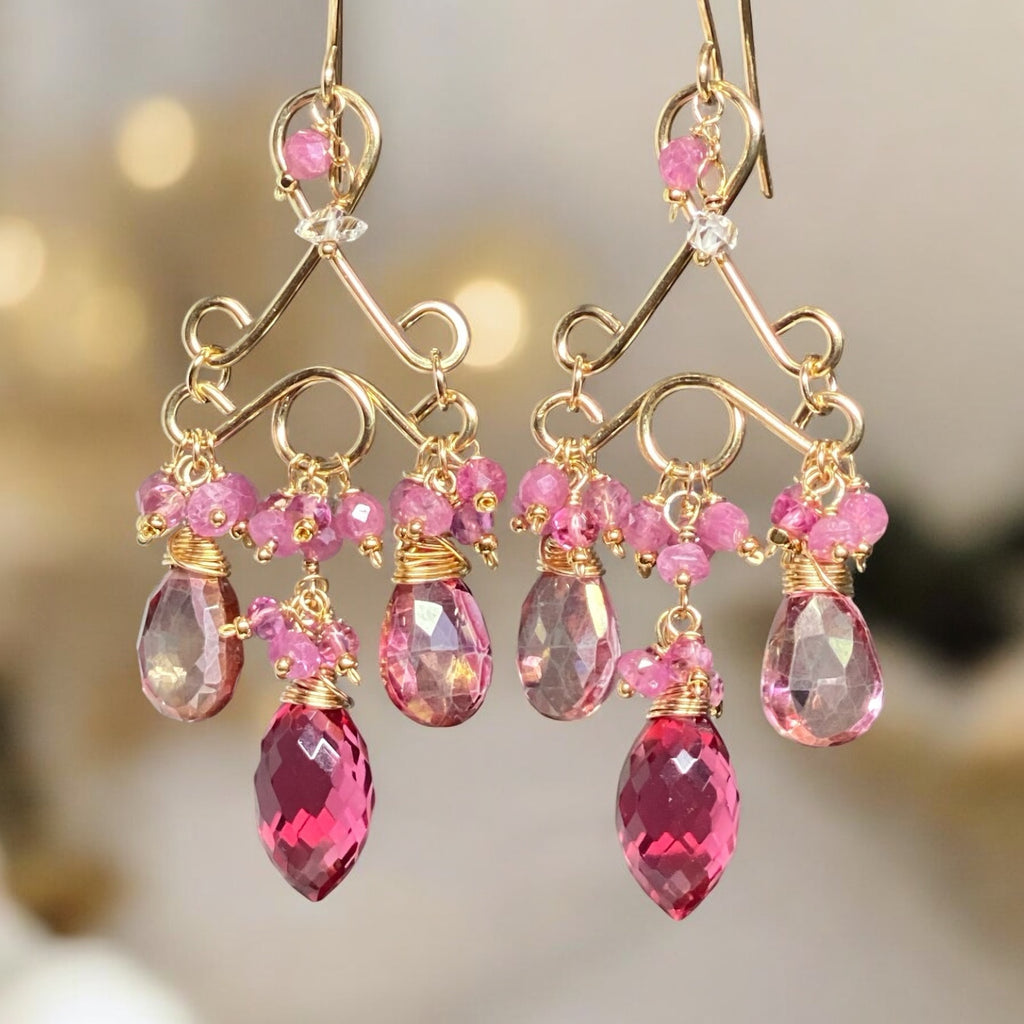 Pink Tourmaline Chandelier Earrings in Gold Fill