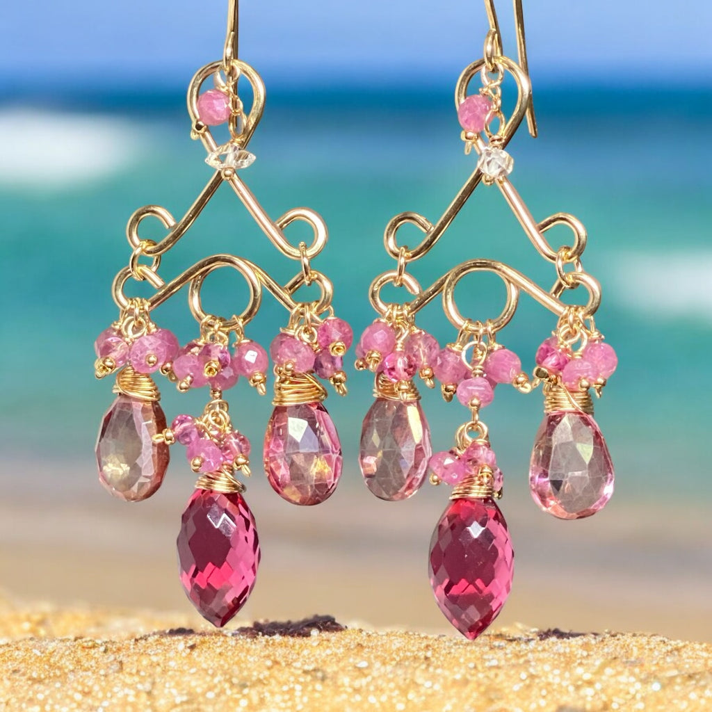 Pink Tourmaline Chandelier Earrings in Gold Fill