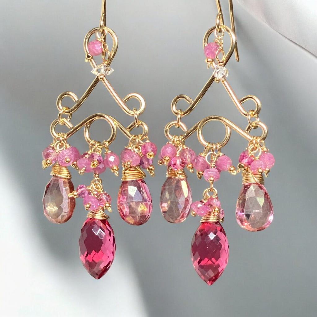 Pink Tourmaline Chandelier Earrings in Gold Fill