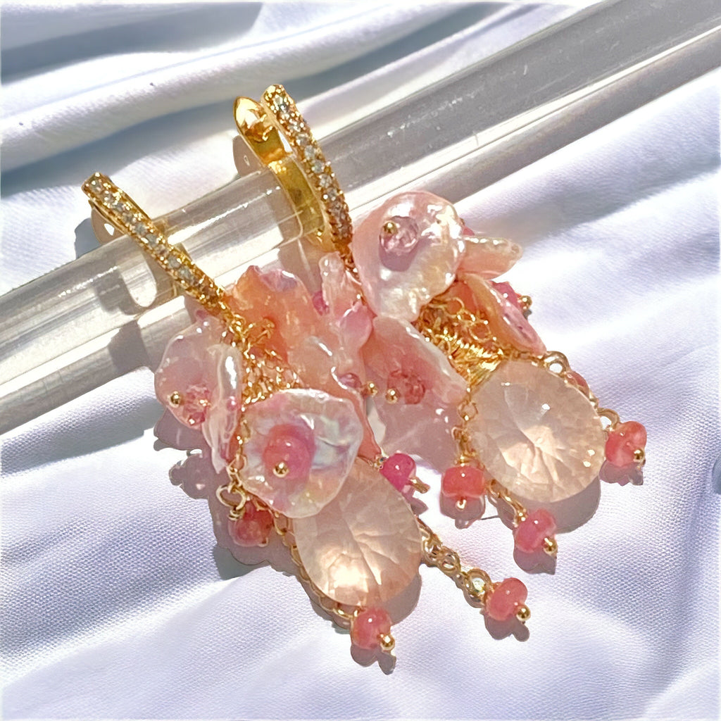 Rose Quartz Pink Keishi Pearl Cluster Earrings