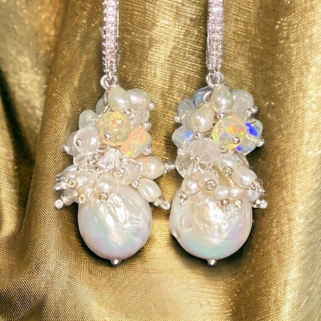 Baroque Edison Pearl and Opal Cluster Earrings Sterling Silver