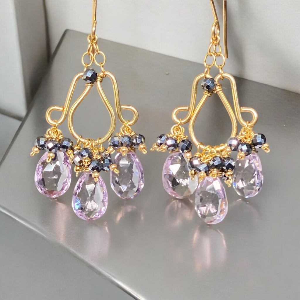 Pink Amethyst Chandelier Earrings Gold Fill with Black Clusters