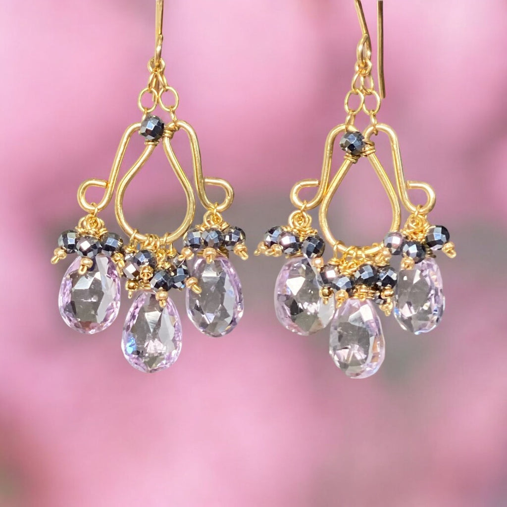 Pink Amethyst Chandelier Earrings Gold Fill with Black Clusters