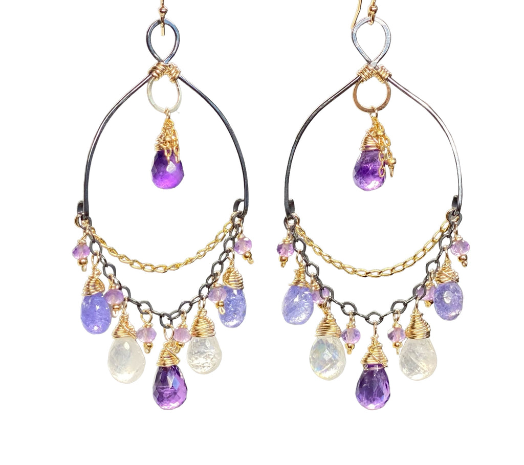 Tanzanite, Amethyst, Moonstone, Gemstone Mixed Metal Chandelier Earrings