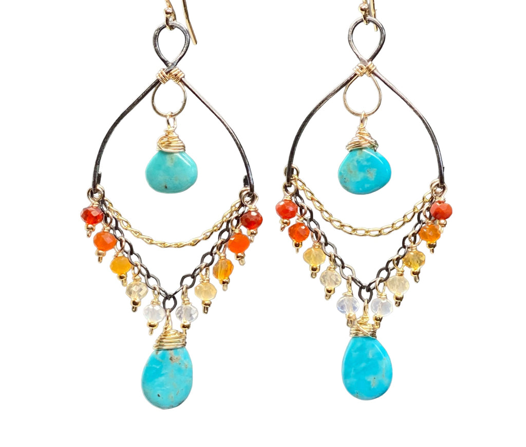 Turquoise Gemstone Mexican Fire Opal Mixed Metal Chandelier Earrings