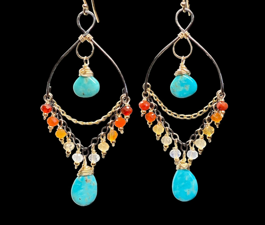 Turquoise Gemstone Mexican Fire Opal Mixed Metal Chandelier Earrings