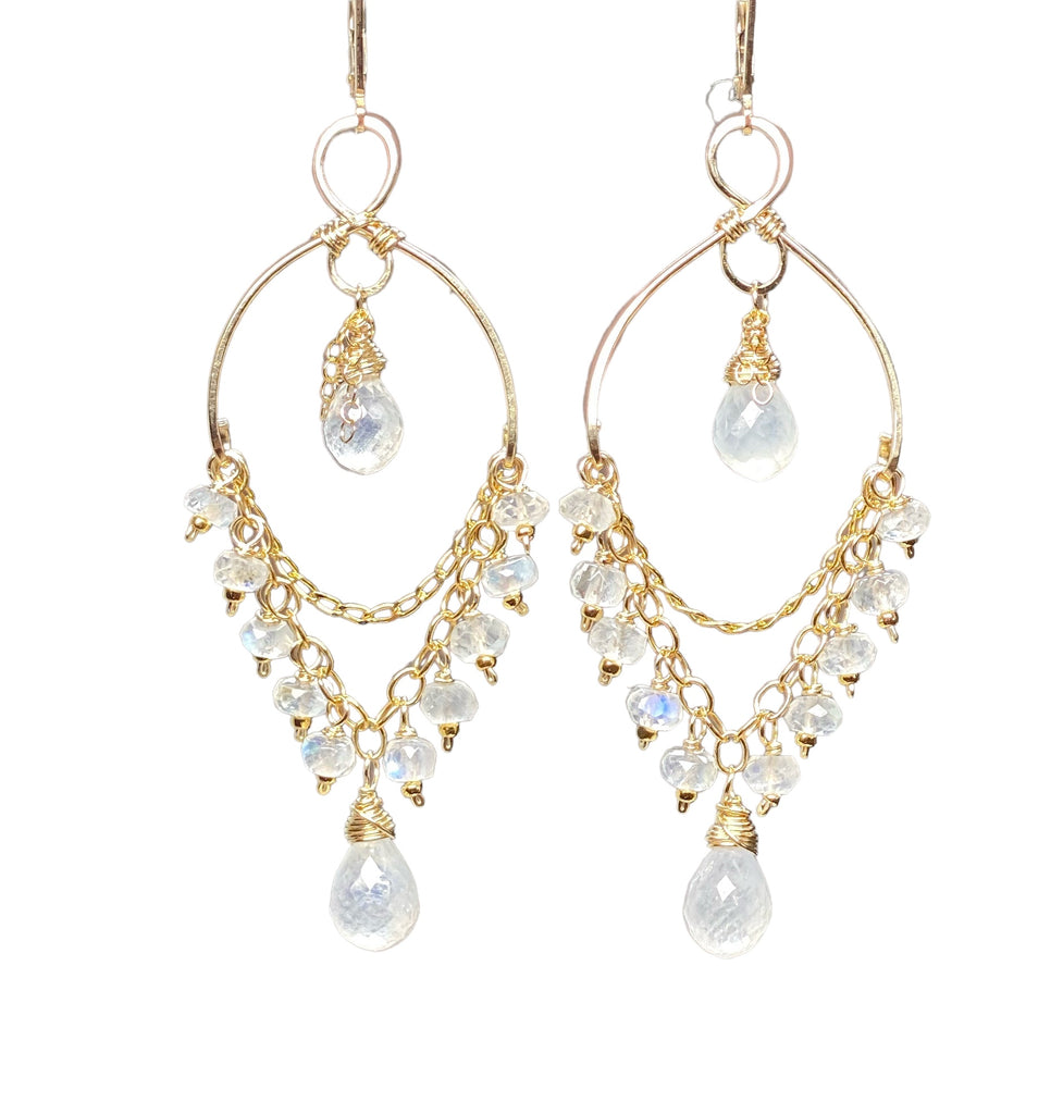 Rainbow Moonstone Gemstone Dangle Chandelier Earrings 14 kt Gold Fill
