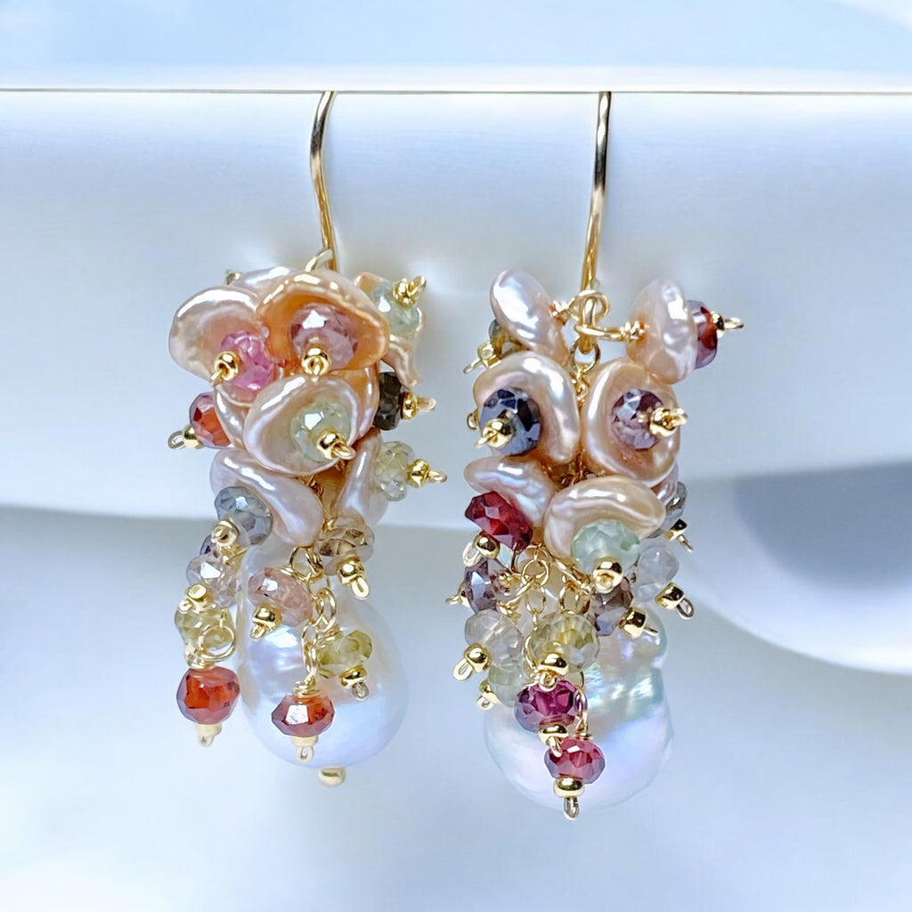 Baroque Flameball Pearl Earrings with Keishi Pearls and Sapphires