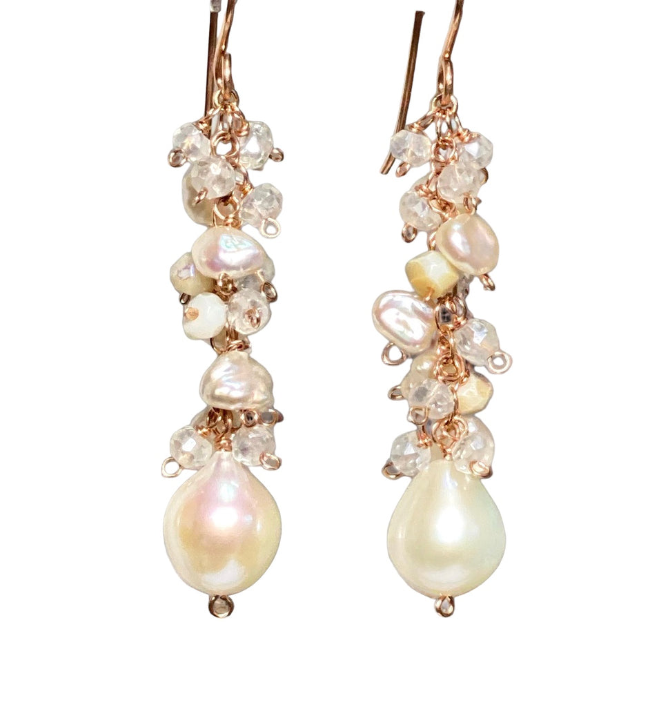 Rose Gold Long Dangle Earrings Keishi Pearl Mystic Quartz