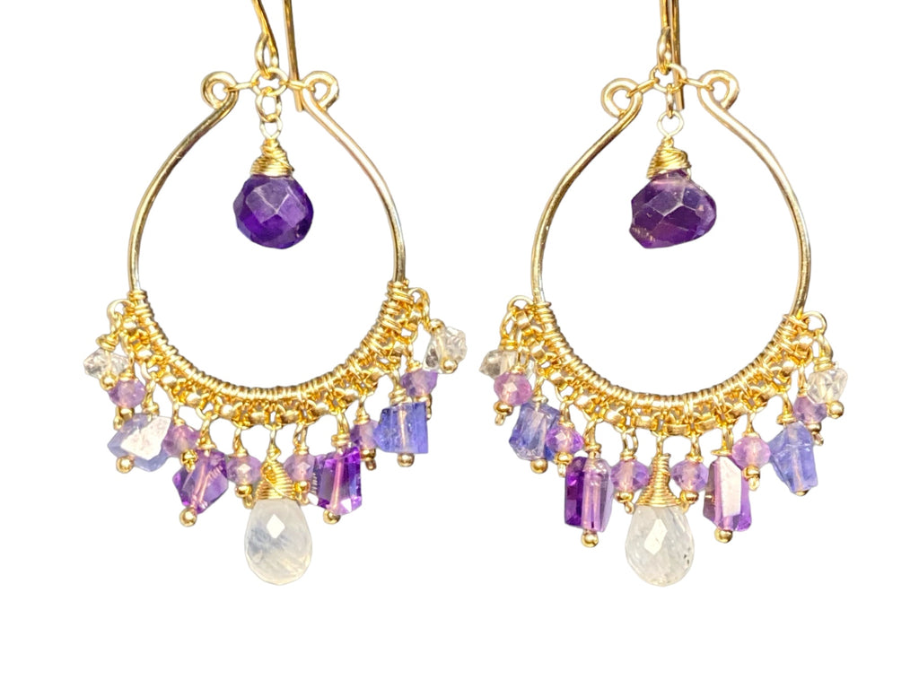 Blue Violet Purple Gold Fill Hoop Chandelier Earrings with Moonstone