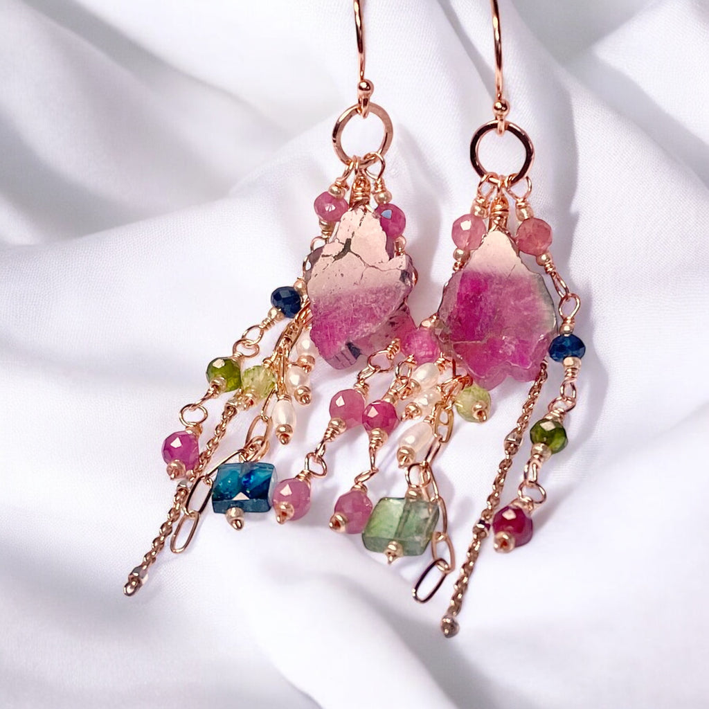 Watermelon Tourmaline Slice Rose Gold Dangle Earrings