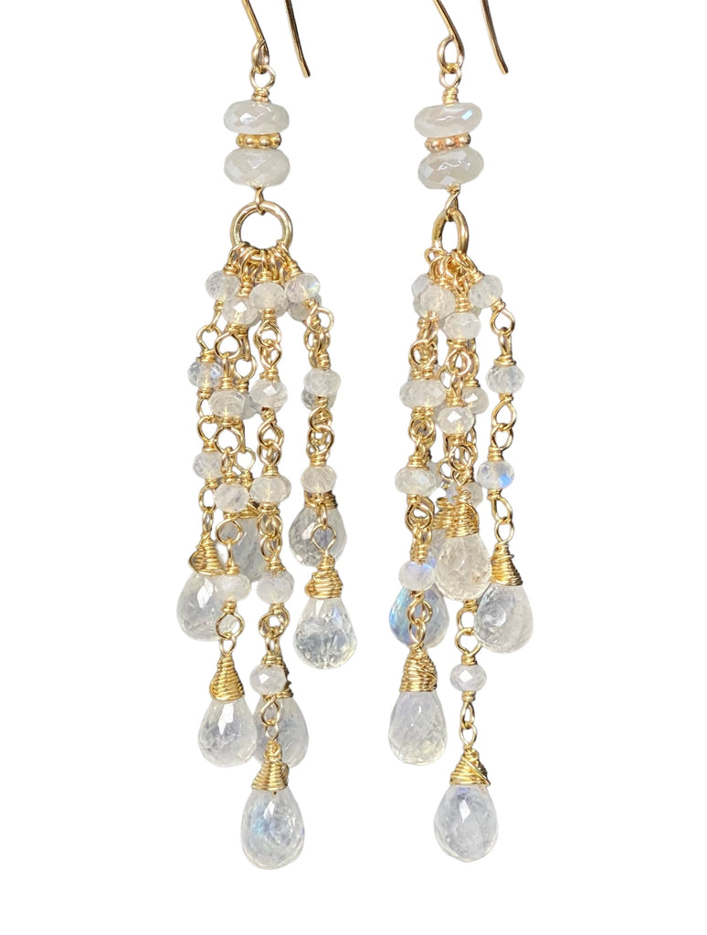 Rainbow Moonstone Tassel Earrings Gold