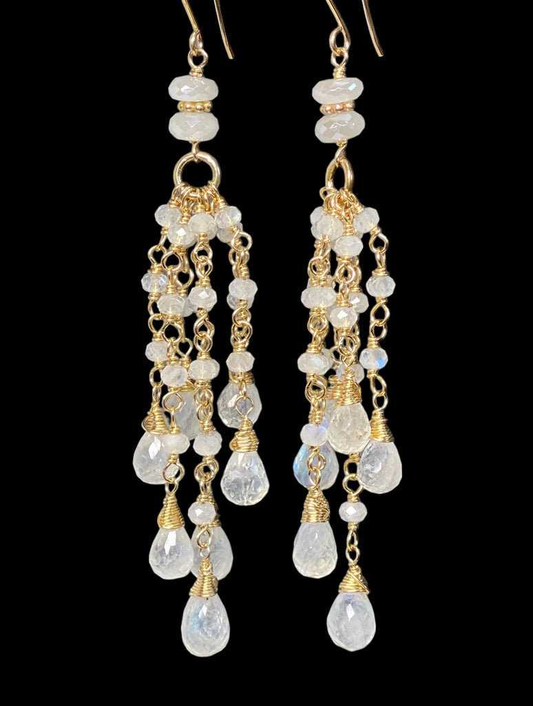Rainbow Moonstone Tassel Earrings Gold