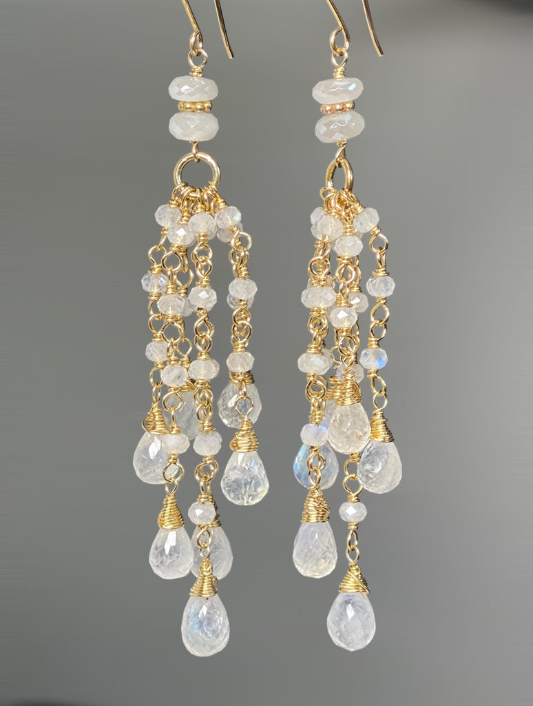 Rainbow Moonstone Tassel Earrings Gold