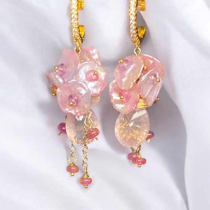 Rose Quartz Pink Keishi Pearl Cluster Earrings