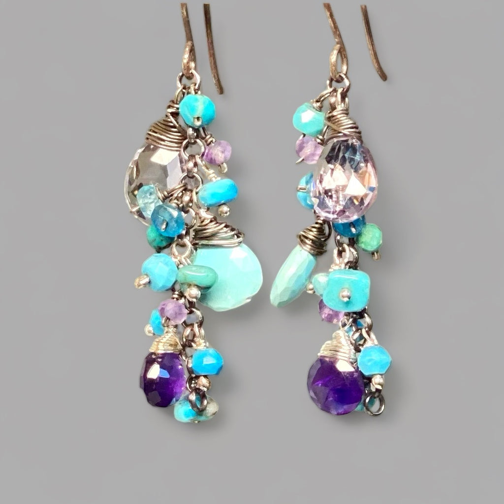 Sleeping Beauty Turquoise Dangle Earrings with Amethyst in Oxidized Sterling Silver