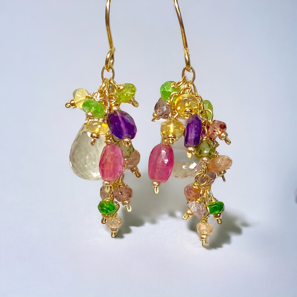 Crystal Quartz Dangle Earrings with Multi Gemstone Cluster in Gold Fill, 12