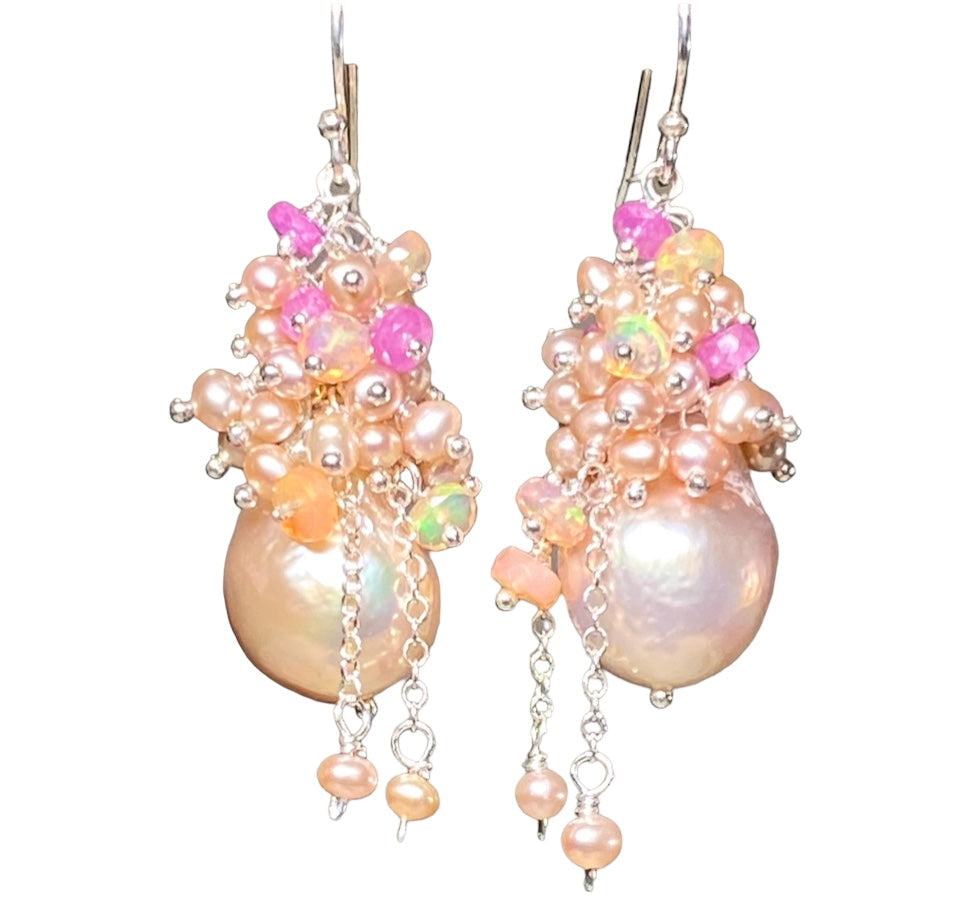 Pink Blush Baroque Pearls Opal, Sapphire Pearl Cluster Earrings