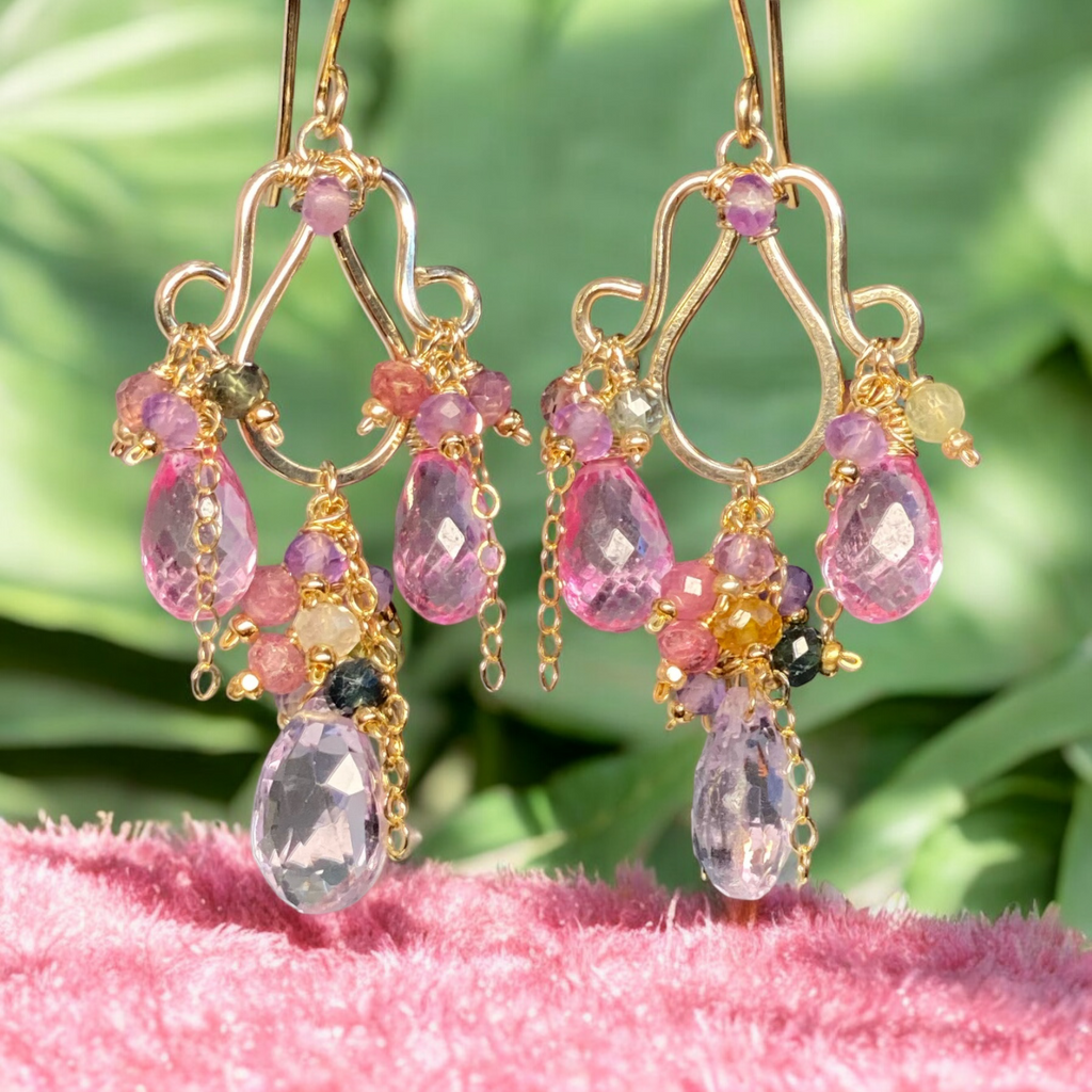 Pink, Lavender, Tourmaline Chandelier Earrings in Gold Fill