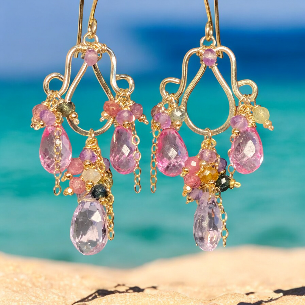 Pink, Lavender, Tourmaline Chandelier Earrings in Gold Fill