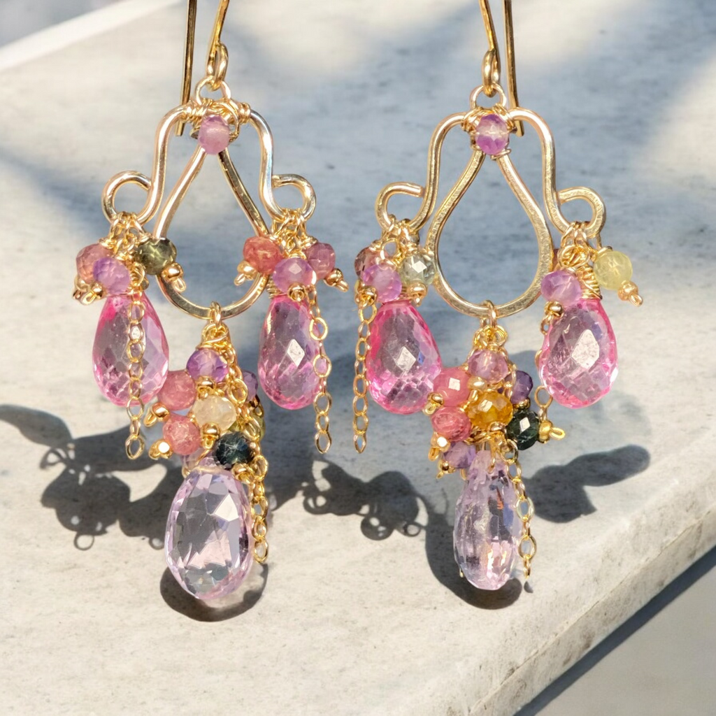 Pink, Lavender, Tourmaline Chandelier Earrings in Gold Fill