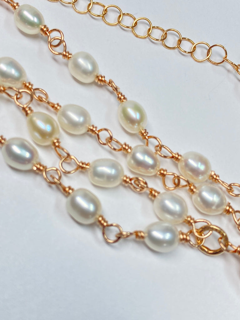 Dainty Baroque Pearl Necklace Wire Wrapped Rosary Style Rose Gold Fill