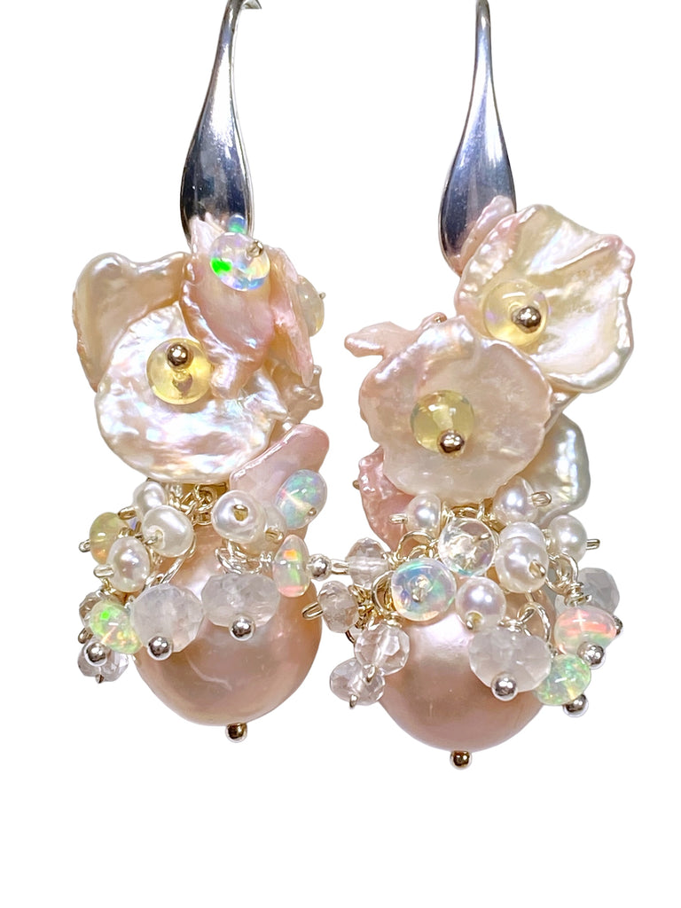 Pink Pearl Blush Keishi and Opal Cluster Earrings in Sterling Silver